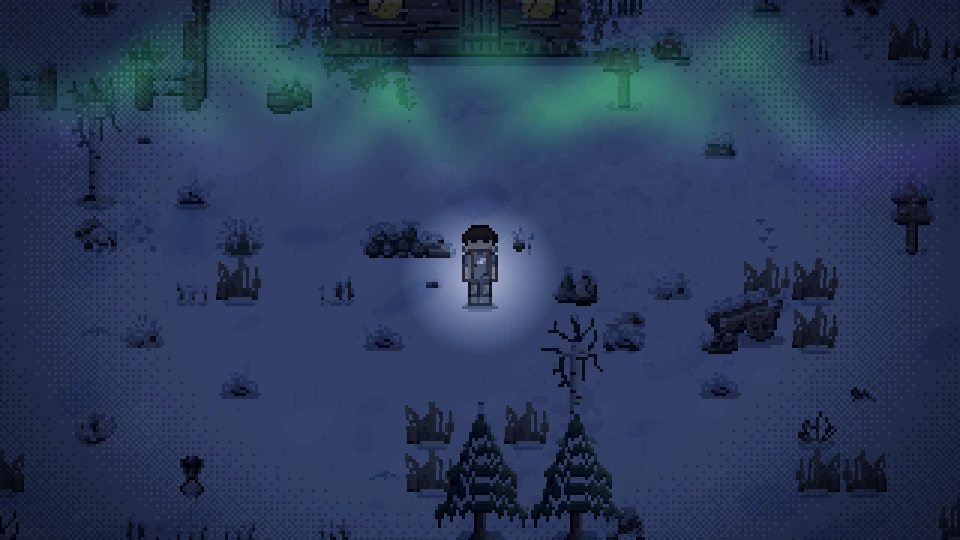 Northern lights over the snowy clearing at night