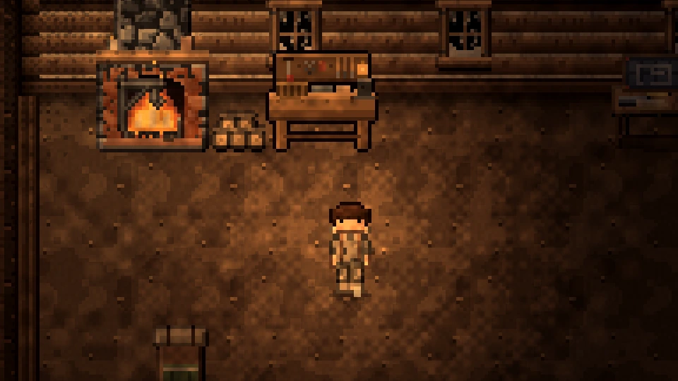 The cabin interior at night, the fire lit and rain outside